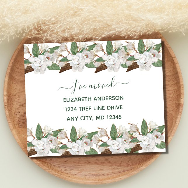 White Floral Magnolias Script Moving Announcement Postcard (White Magnolia Floral Moving Post card.)