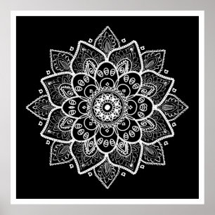 White Floral Mandala On Black Poster