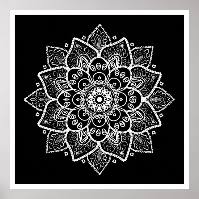 White Floral Mandala On Black Poster (Front)