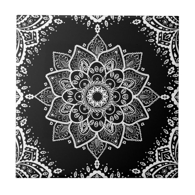 White Floral Mandala & White Frame On Black Tile (Front)