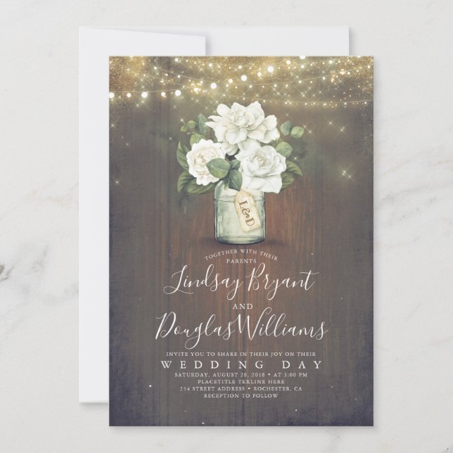 White Floral Mason Jar Rustic Country Wedding Invitation (Front)