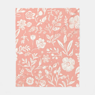 White Floral Meadow on Coral Pink Fleêc Blanket