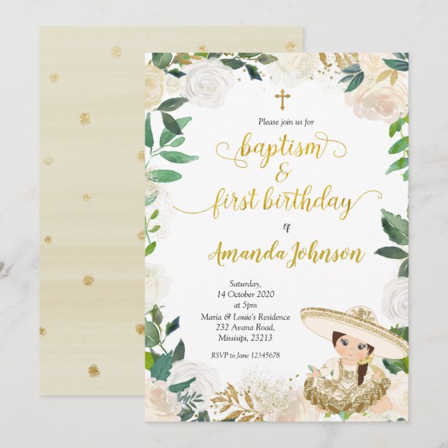 White Floral Mexican Baptism and First Birthday In Invitation (Front/Back)