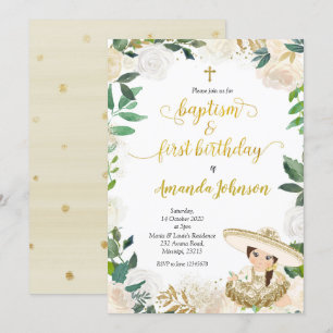White Floral Mexican Baptism and First Birthday In Invitation