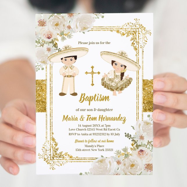 White Floral Mexican Baptism Fiesta Twin  Invitation (Creator Uploaded)