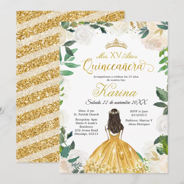 White Floral Mexican Gold Quinceanera Invitation (Front/Back)