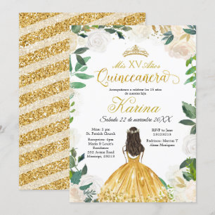 White Floral Mexican Gold Quinceanera Invitation