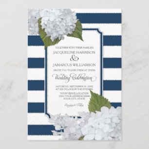 White Floral Modern Elegant Navy White Stripe Invitation