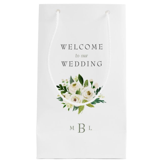 White Floral Monogram Elegant White Wedding Small Gift Bag (Front)