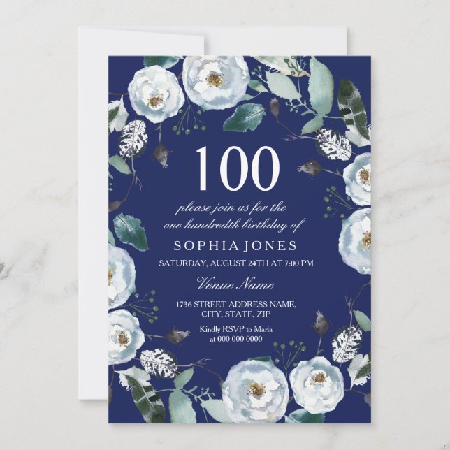 White Floral Navy Blue 100th Birthday Invitation (Front)