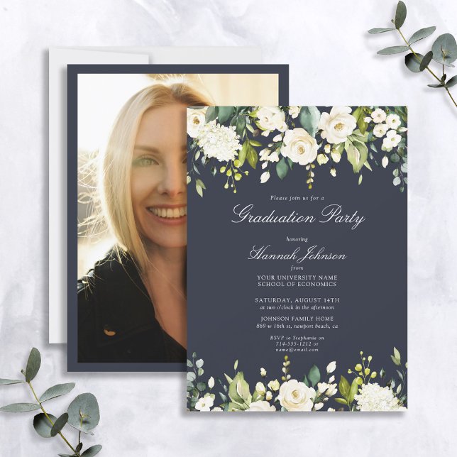 White Floral Navy Blue Photo Graduation Party Invitation (Creator Uploaded)