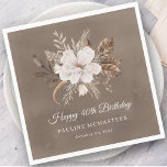 White Floral Neutral Fall 40th Birthday Napkin<br><div class="desc">A beautiful bouquet of white flowers and neutral fall leaves decorate this 40th birthday napkin. The grey, taupe, and white foliage create an elegant and chic autumnal display that frame the white flowers perfectly. Happy 40th birthday is written below the flowers in a traditional and classic script. Two additional lines...</div>