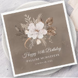 White Floral Neutral Fall 50th Birthday Napkin<br><div class="desc">A beautiful bouquet of white flowers and neutral fall leaves decorate this 50th birthday napkin. The grey, taupe, and white foliage create an elegant and chic autumnal display that frame the white flowers perfectly. Happy 50th birthday is written below the flowers in a traditional and classic script. Two additional lines...</div>