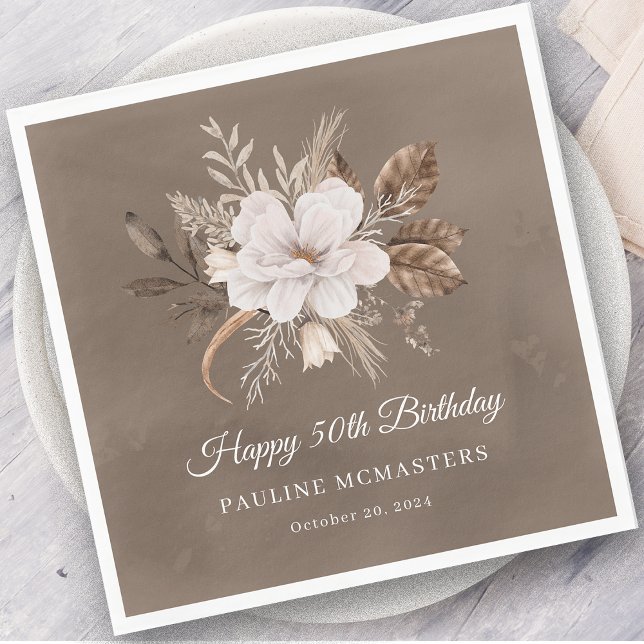 White Floral Neutral Fall 50th Birthday Napkin (Creator Uploaded)