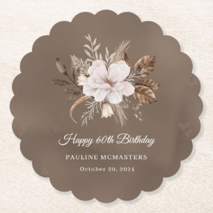 White Floral Neutral Fall 60th Birthday Paper Coaster