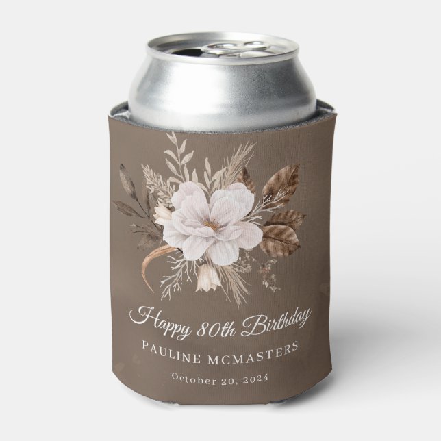 White Floral Neutral Fall 80th Birthday Can Cooler (Can Front)