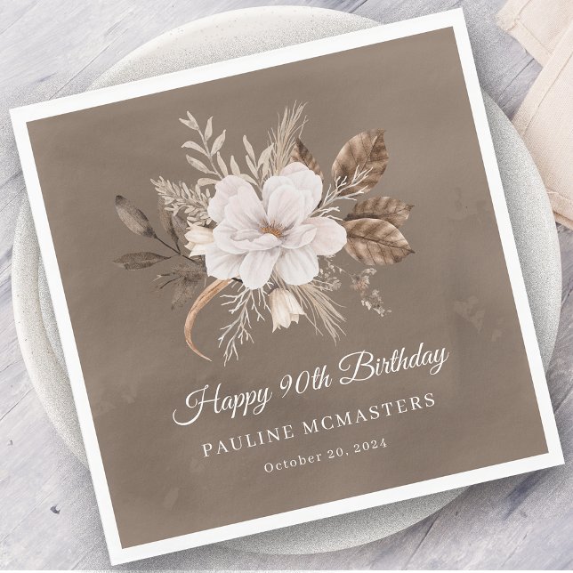 White Floral Neutral Fall 90th Birthday Napkin (Creator Uploaded)