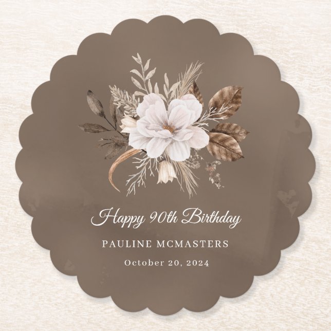 White Floral Neutral Fall 90th Birthday Paper Coaster (Front)