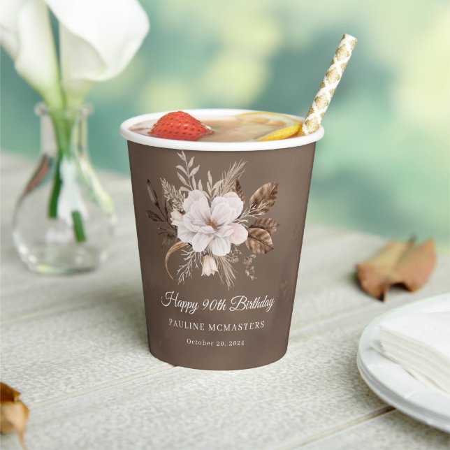 White Floral Neutral Fall 90th Birthday Paper Cups (Insitu)