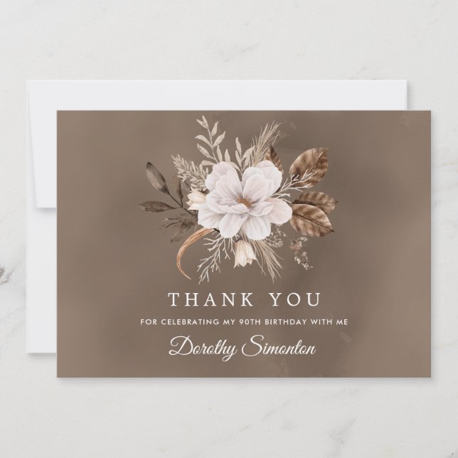 White Floral Neutral Fall 90th Birthday Thank You Card (Front)