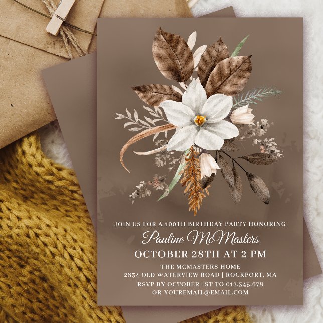 White Floral Neutral Fall Bouquet 100th Birthday  Invitation (Need a matching Welcome sign? Message me! )