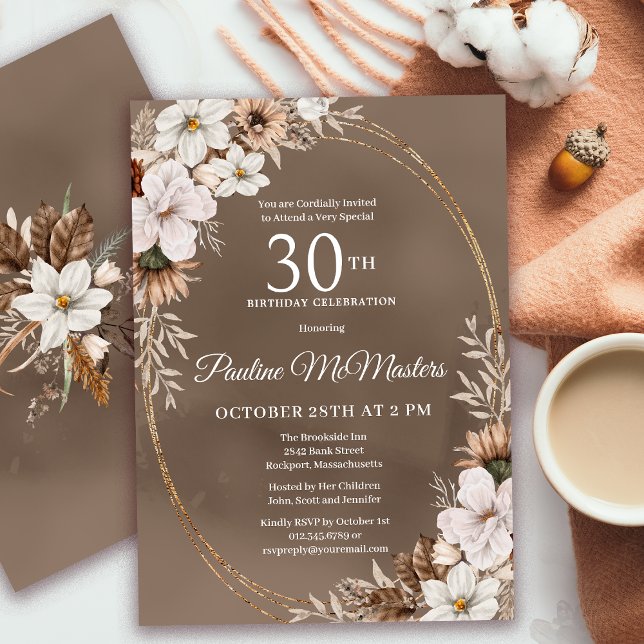 White Floral Neutral Fall Bouquet 30th Birthday  Invitation (Need a matching fall Welcome Sign? Message me!)
