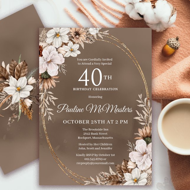 White Floral Neutral Fall Bouquet 40th Birthday  Invitation (Need a matching fall Welcome Sign. Message me! Party supplies available too!)