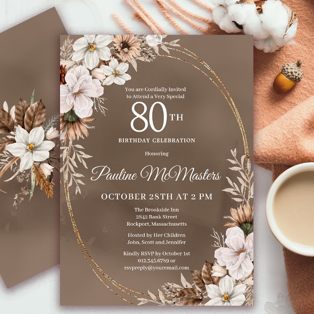 White Floral Neutral Fall Bouquet 80th Birthday  Invitation (Need a matching Fall Welcome Sign? Message me! Party supplies available too!)