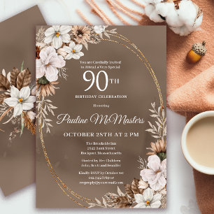 White Floral Neutral Fall Bouquet 90th Birthday Invitation