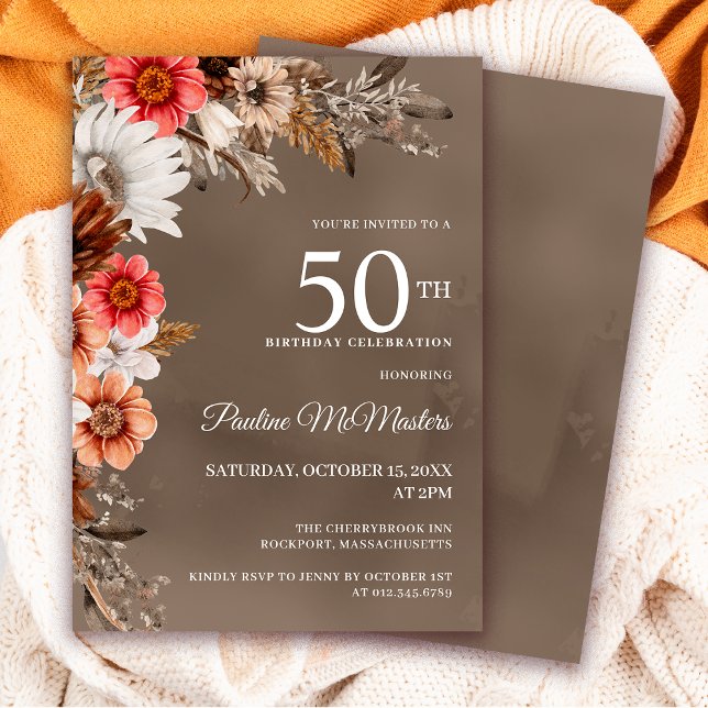 White Floral Neutral Fall Flowers 50th Birthday Invitation (Need matching Autumn signs or party supplies? Message me!)