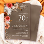 White Floral Neutral Fall Flowers 70th Birthday Invitation<br><div class="desc">Sophisticated white fall flowers are surrounded by neutral grey,  brown and black leaves. Pink and red flowers add pops of colour to bright it up. The white text is a chic combination of upright lettering and calligraphy text. The taupe watercolor background frames them all perfectly.</div>