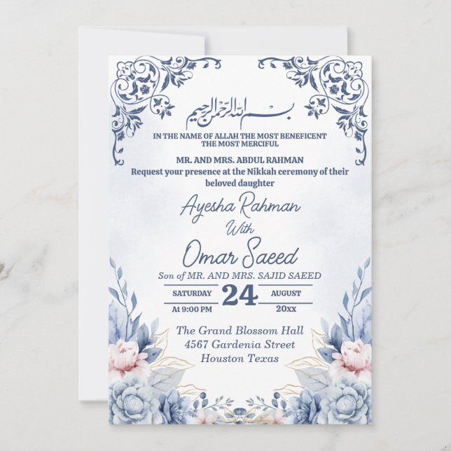 White Floral Nikkah Blue White Invitation (Front)