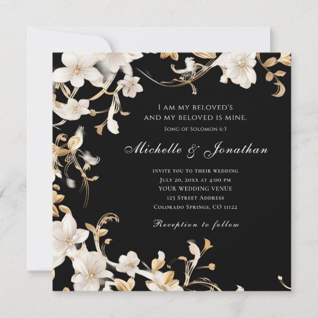 White Floral on Black Christian Bible Wedding  Invitation (Front)