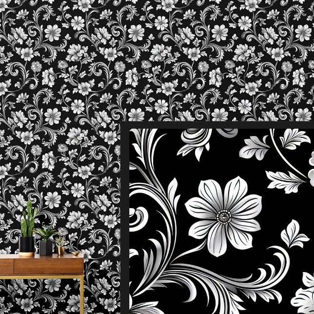 White Floral on Black Dramatic Gothic Damask Wallpaper (Creator Uploaded)
