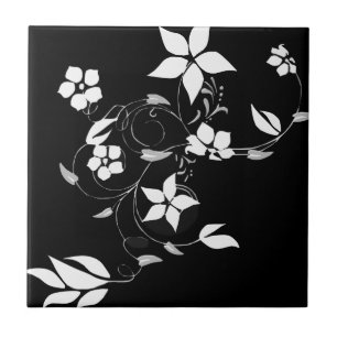 White Floral on Black Tile