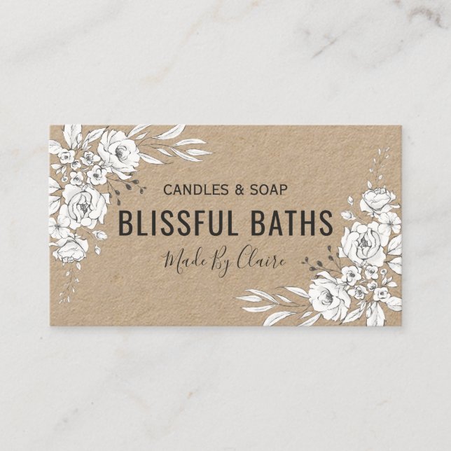 White Floral On Kraft Homemade Soap And Candle Business Card (Front)