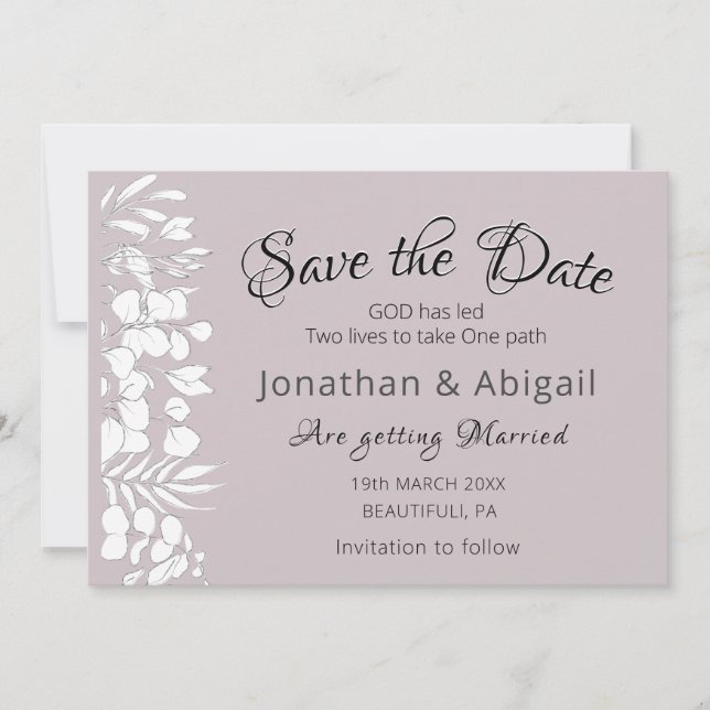 White Floral on Lavender Inspirational Wedding Save The Date (Front)