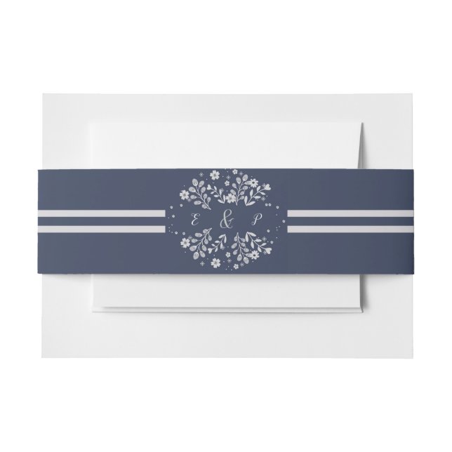 White Floral On Navy Invitation Belly Band (Front Example)