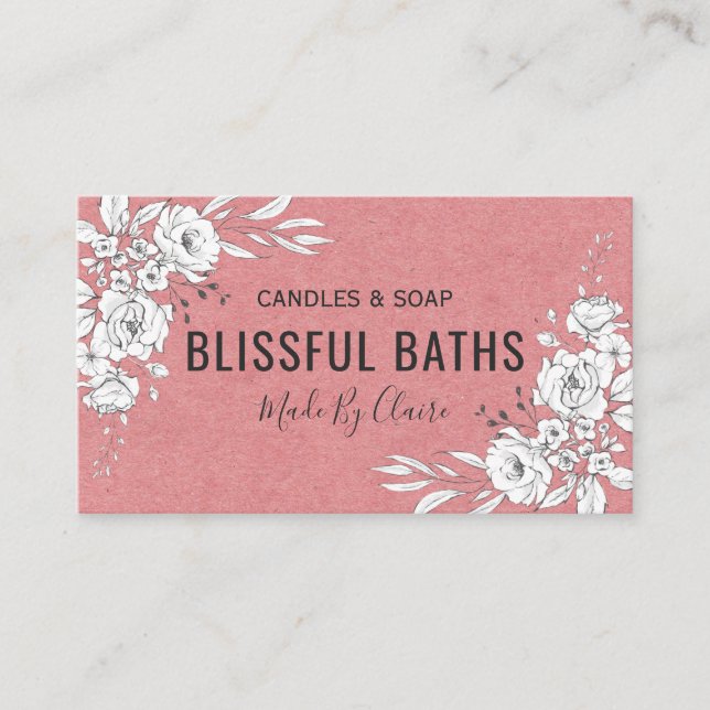 White Floral On Pink Homemade Soap And Candle Business Card (Front)