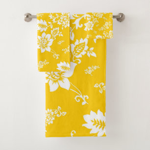 White Floral on Yellow Spring Background Bath Towel Set