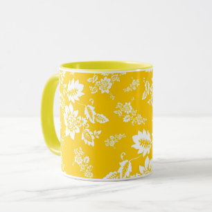White Floral on Yellow Spring Background Mug