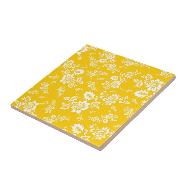White Floral on Yellow Spring Background Tile (Side)