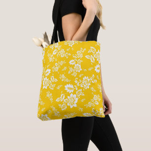 White Floral on Yellow Spring Background Tote Bag