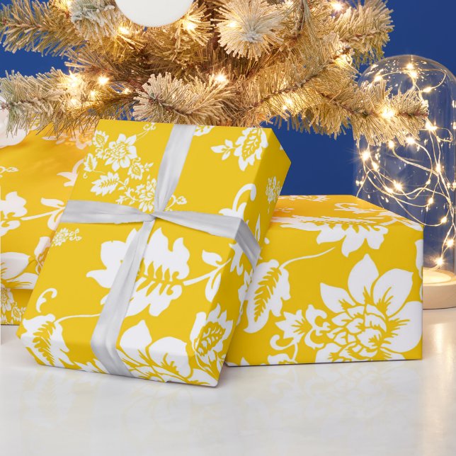 White Floral on Yellow Spring Background Wrapping Paper (Holidays)