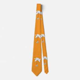 White Floral Orange Tropical Neck Tie