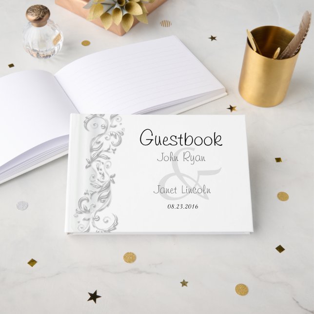 White Floral Ornate Guestbook (Front Open)