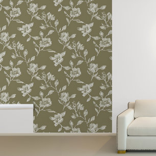 White Floral Outline on Olive green Wallpaper