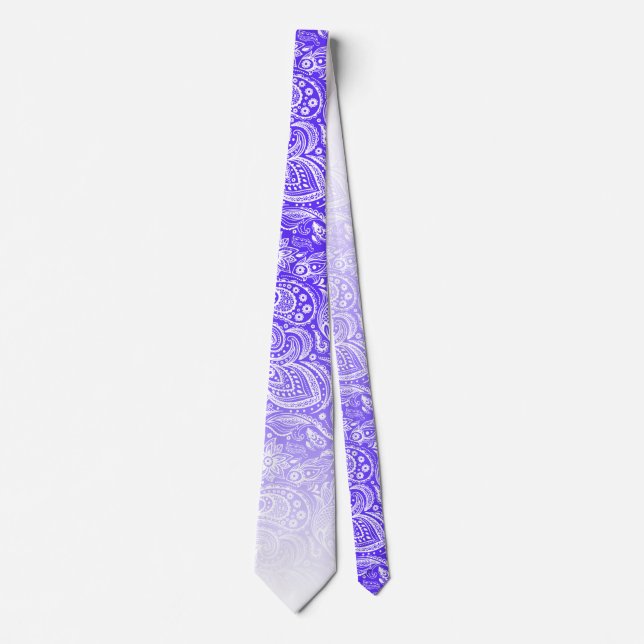 White floral paisley on blue to white fade tie (Front)