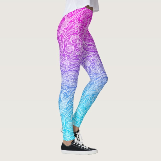 White floral paisley on pink to blue ombre leggings (Right)