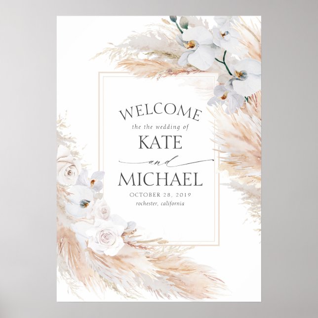 White Floral Pampas Grass Tropical Wedding Welcome Poster (Front)